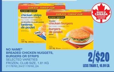 NO NAME® BREADED CHICKEN NUGGETS, BURGERS OR STRIPS, 1.81 KG