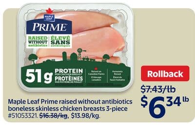 Maple Leaf Prime raised without antibiotics boneless skinless chicken breasts