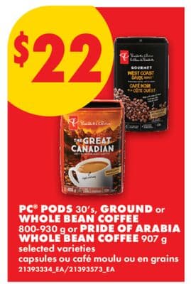 PC® PODS 30'S, GROUND OR WHOLE BEAN COFFEE, 800-930 G OR PRIDE OF ARABIA WHOLE BEAN COFFEE, 907 G
