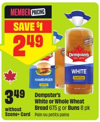 Dempster's White or Whole Wheat Bread 675 g or Buns 8 pk