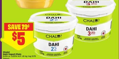 Chalo! Dahi Yogurt Plain 2.0% or 3.25%. M.F. 1.8 kg