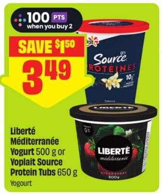 Liberté Méditerranée Yogurt 500 g or Yoplait Source Protein Tub 650 g